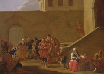 Scena di strada con monaci che distribuiscono cibo ai poveri da Andries Both